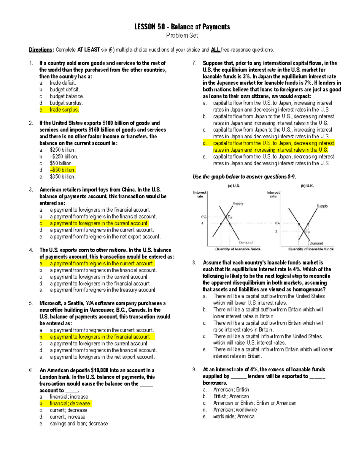 AP Macro Unit 13 Lesson 50 Problem SET Balance of Payments - LESSON 50 ...