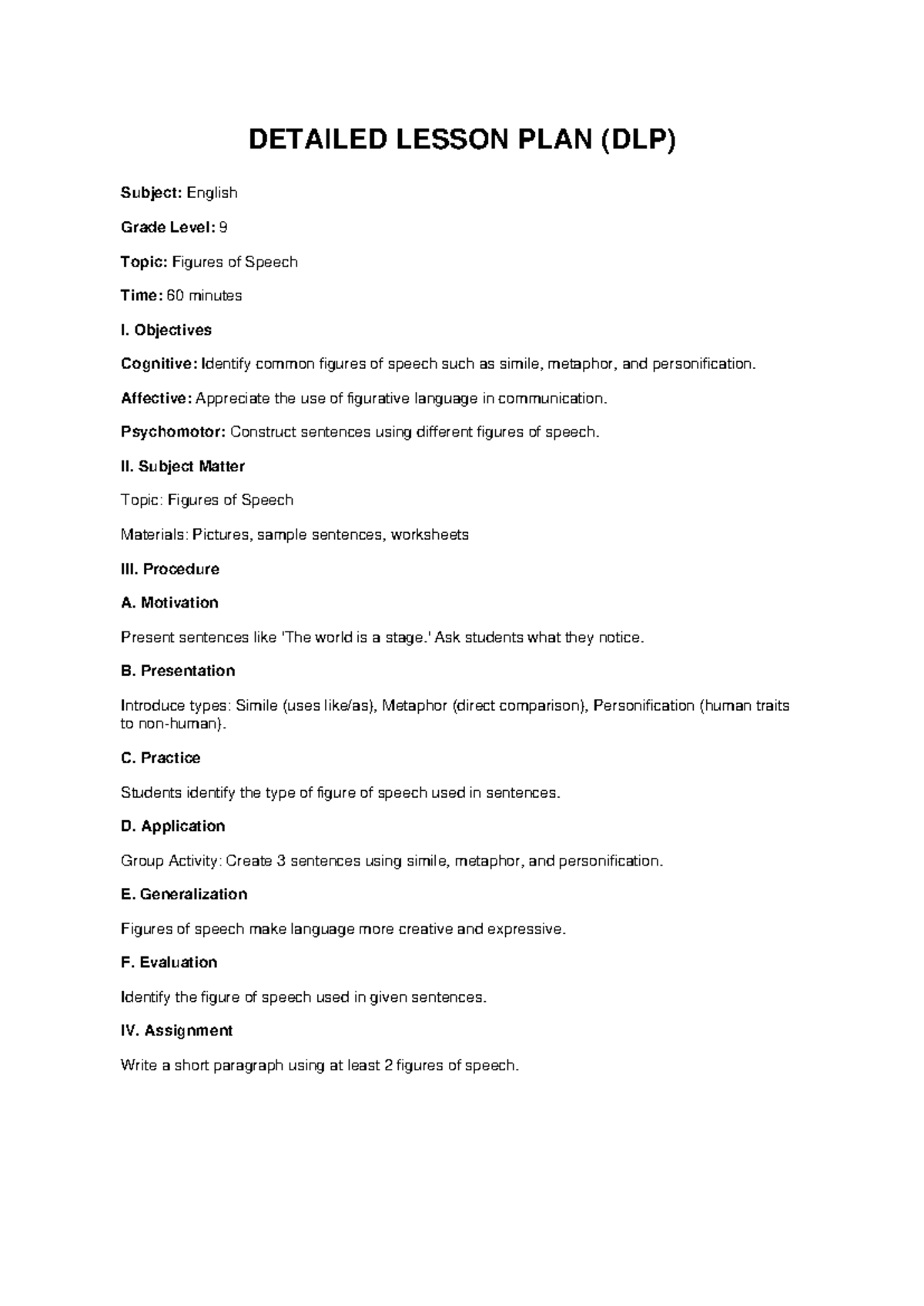 DLP: Grade 9 English Lesson Plan on Figures of Speech - Studocu