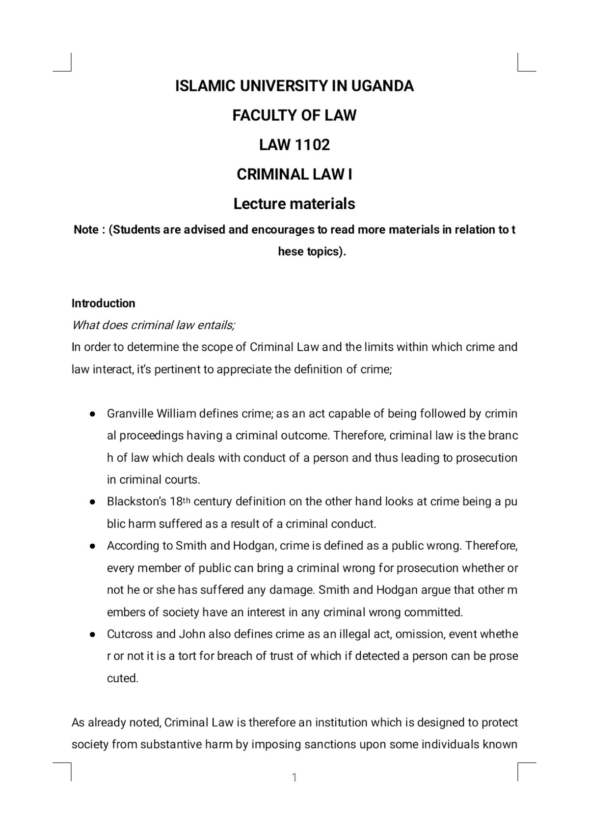 LAW 1102: Criminal Law I Lecture Notes and Key Concepts - Studocu
