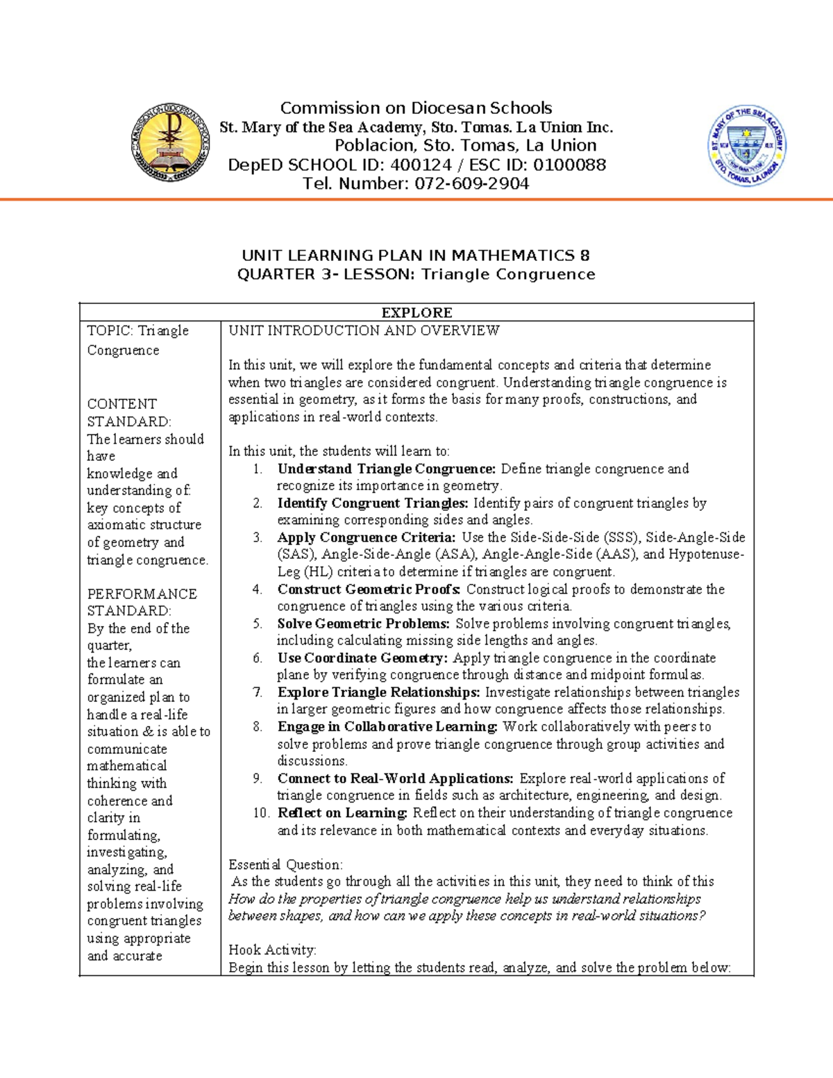 UNIT Learning PLAN IN Mathematics 8 Quarter 3 - Commission on Diocesan ...