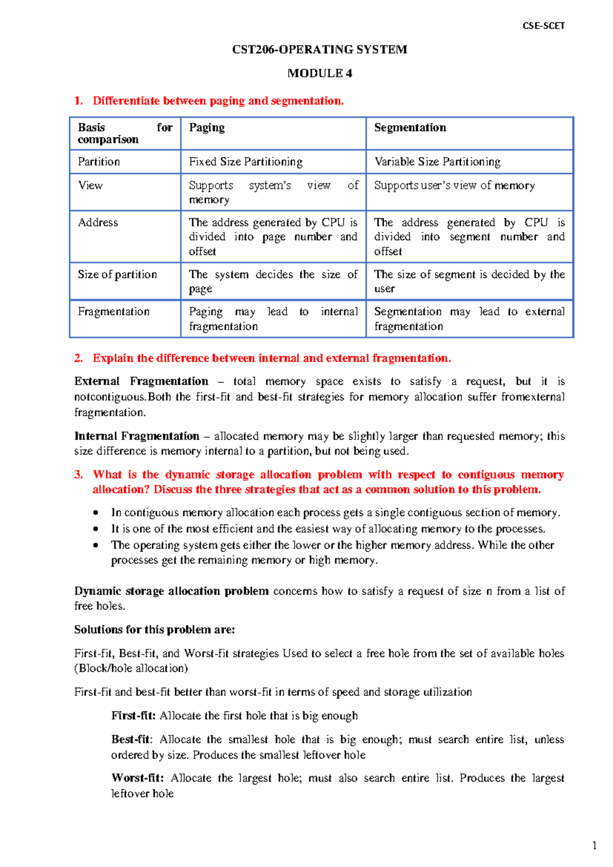 OS M-4 Lecture Notes: Paging, Segmentation, and Fragmentation Explained ...