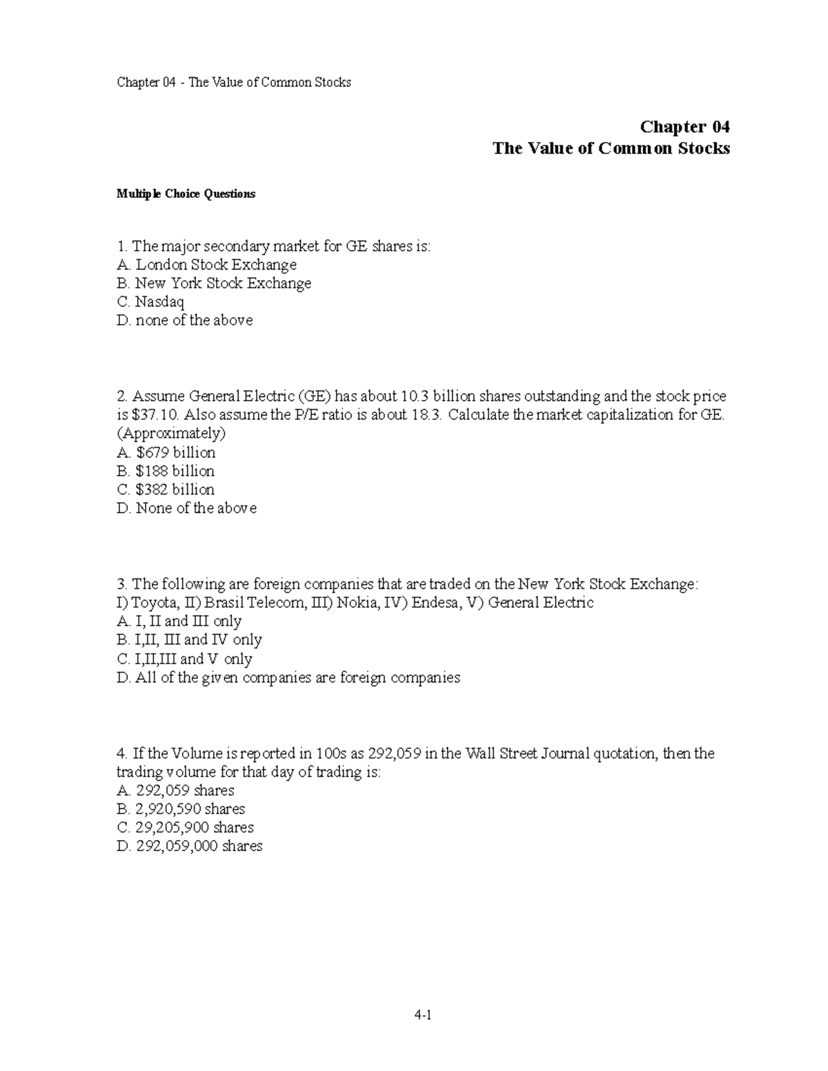 Chapter 04: The Value of Common Stocks - Multiple Choice Questions ...