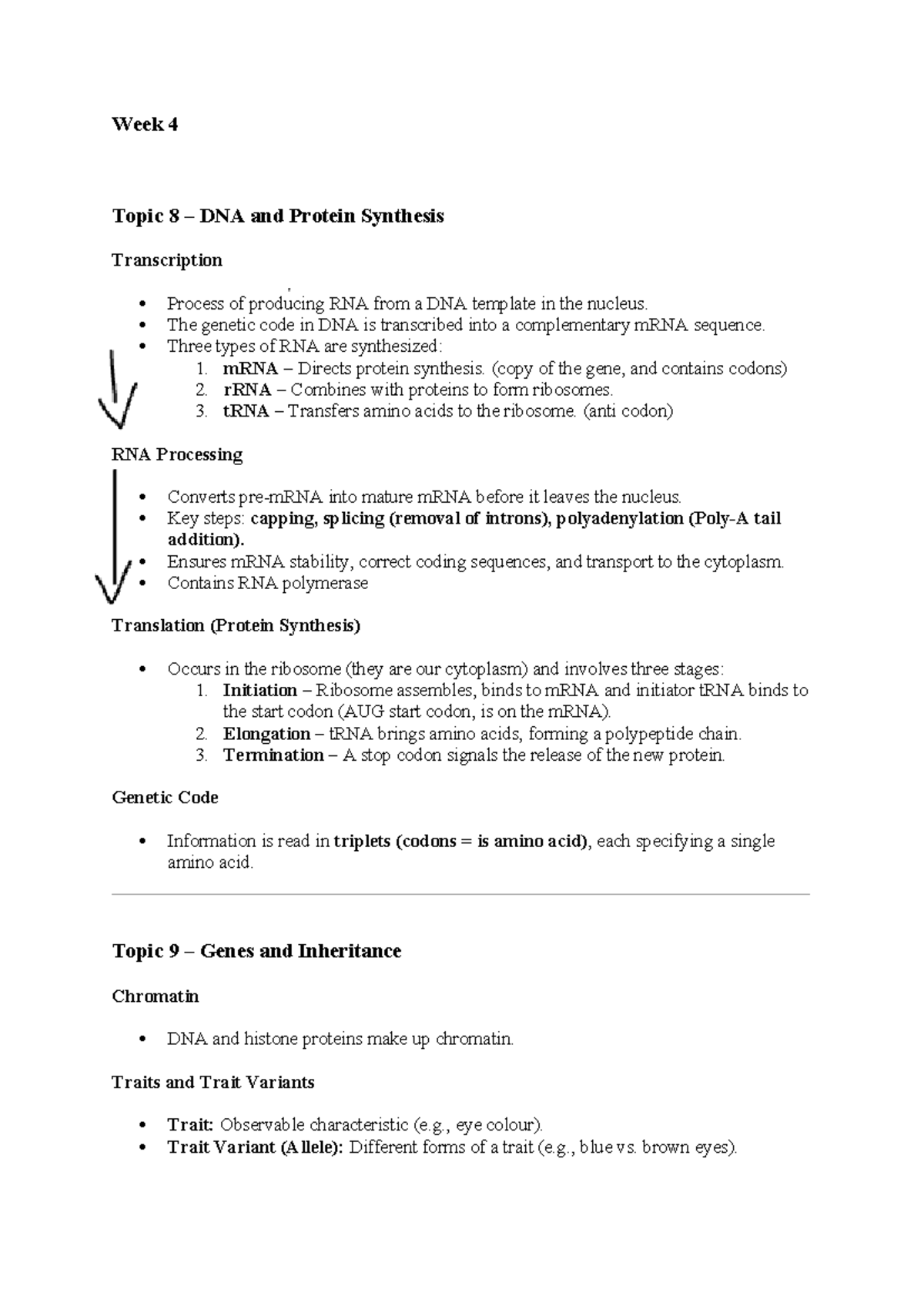 Week 4 - DNA & Protein Synthesis: Transcription & Inheritance Notes ...
