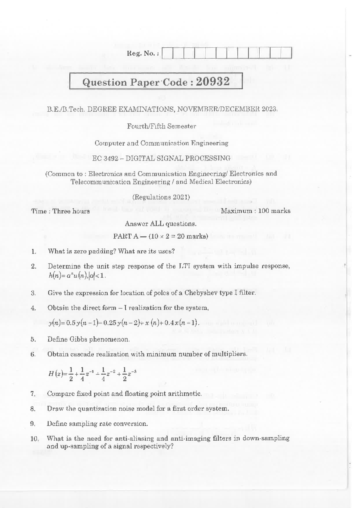 EC 3492-DSP-ND23 - Final Exam Notes on Digital Signal Processing - Studocu
