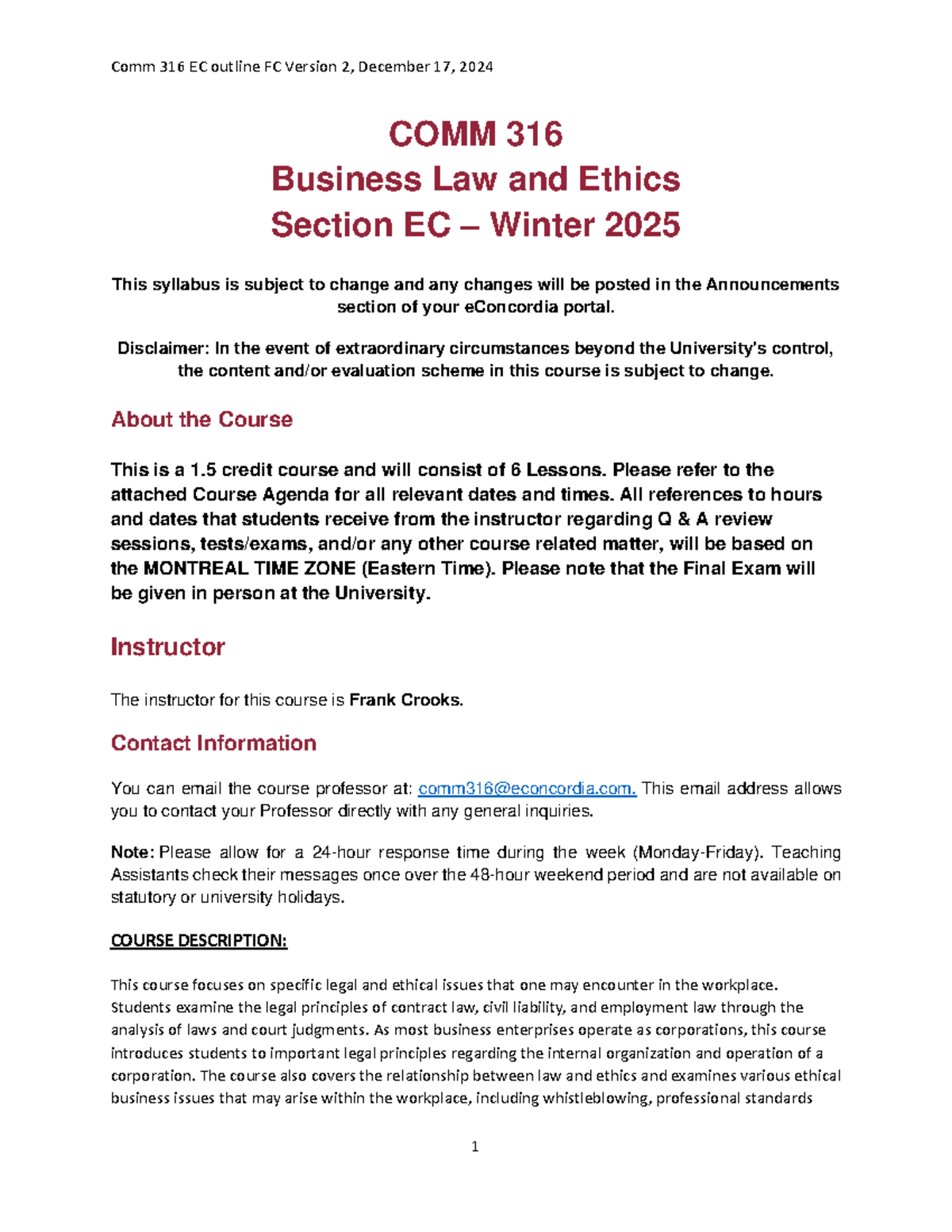 COMM 316 Business Law and Ethics Course Outline Winter 2025 - Studocu