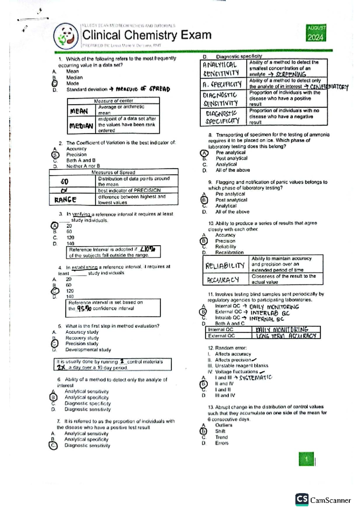 KLUBSY BEAR MEDTECH REVIEW AND TUTORIALS AUGUST Clinical Chemistry Exam ...