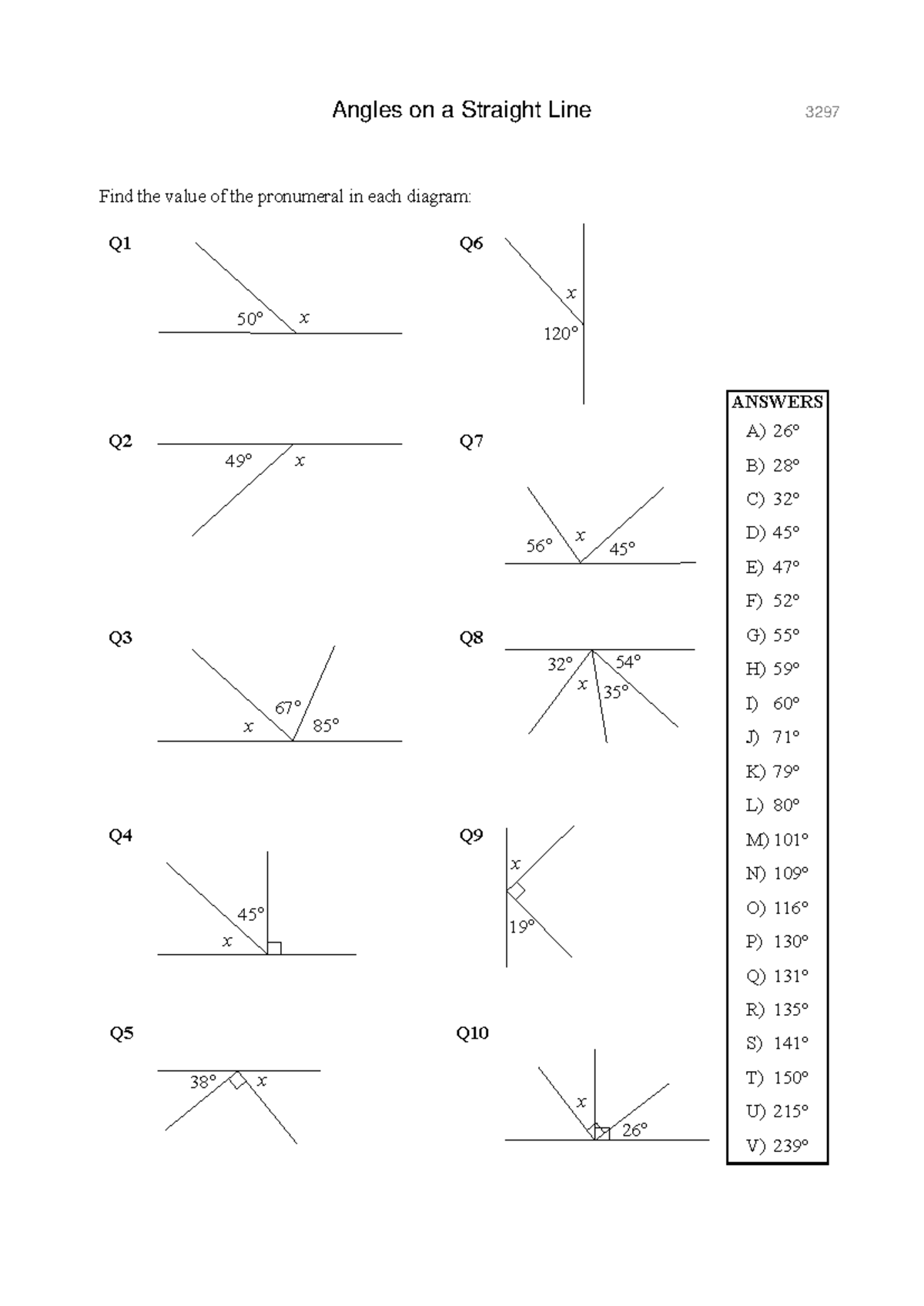 Angles on a Straight Line worksheet - Find the value of the pronumeral ...