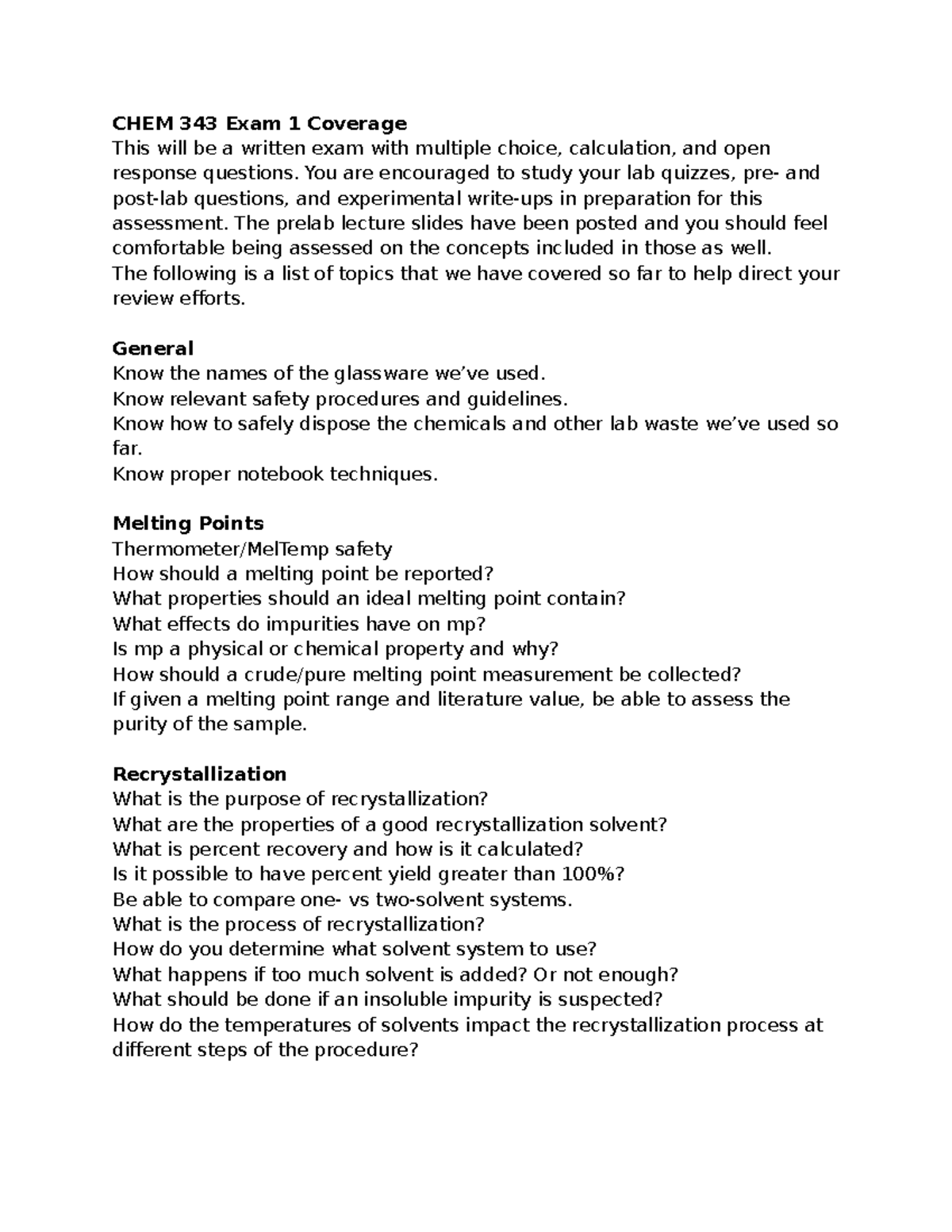 CHEM 343 Exam 1 Study Guide: Key Topics and Concepts - Studocu