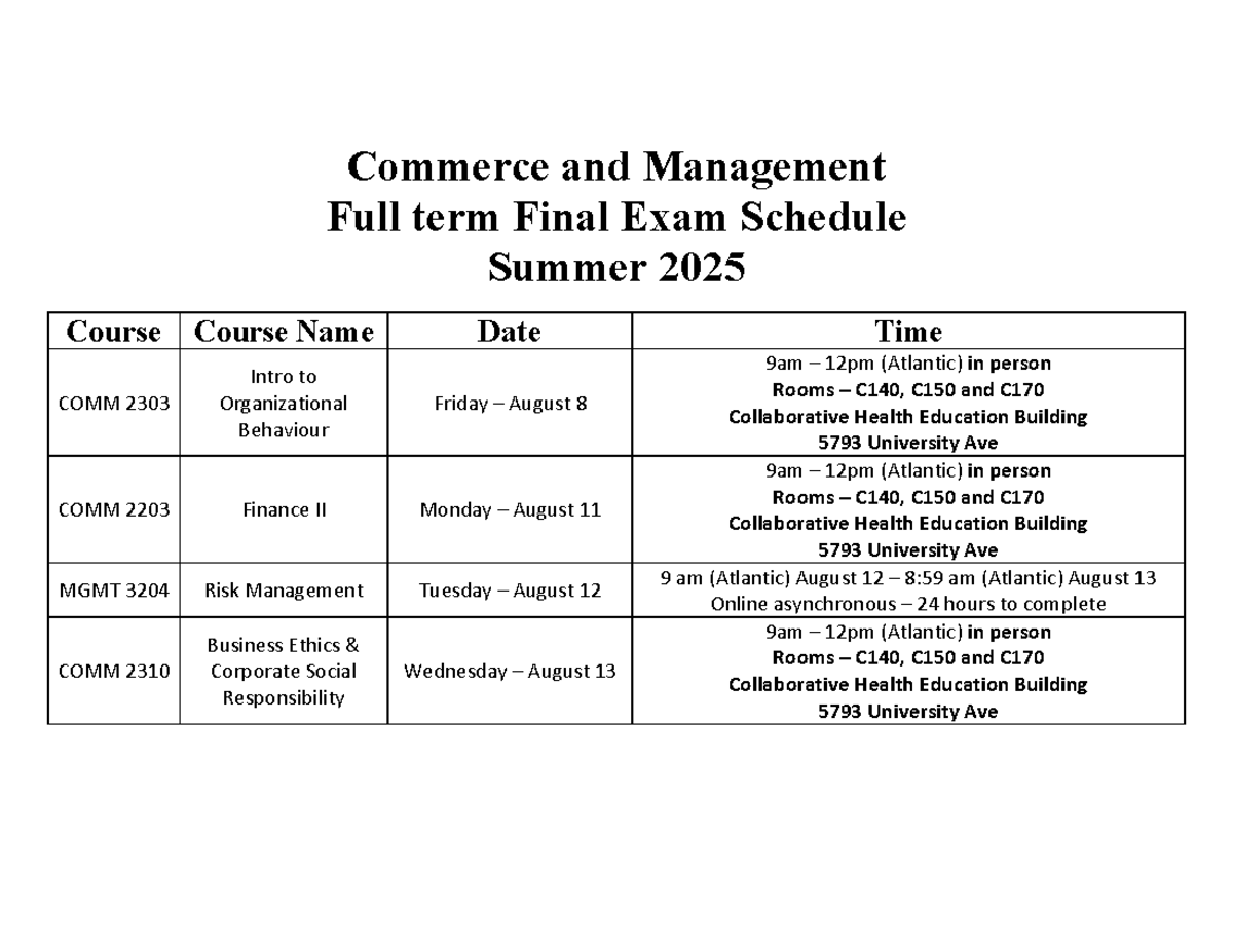 COMM Full Term Final Exam Schedule - Summer 2025 - Studocu