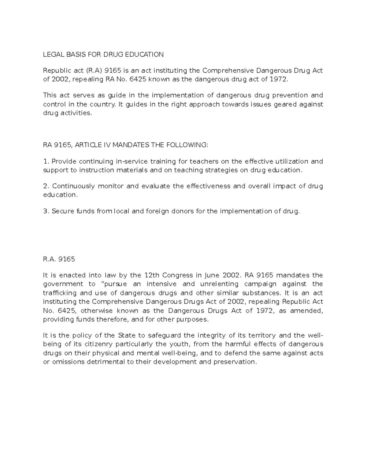 Legal Basis FOR DRUG Education - LEGAL BASIS FOR DRUG EDUCATION ...