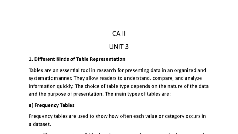 CA II UNIT 3: Understanding Table Representations in Research - Studocu