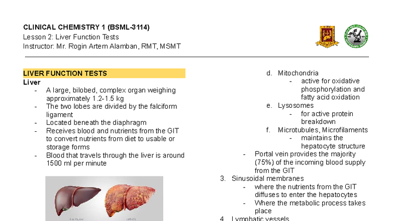 CC1 Lesson 2: Liver Function Tests Overview and Key Concepts - Studocu