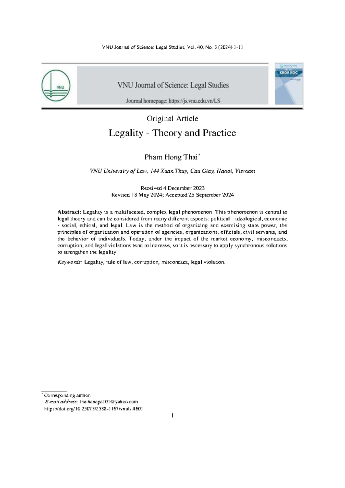 Legality Theory and Practice in Vietnam: VNU Law Journal Vol. 40 No. 3 ...