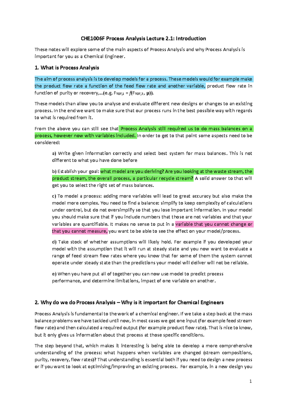 CHE1006F Process Analysis Lecture 2.1: Key Concepts and Models - Studocu
