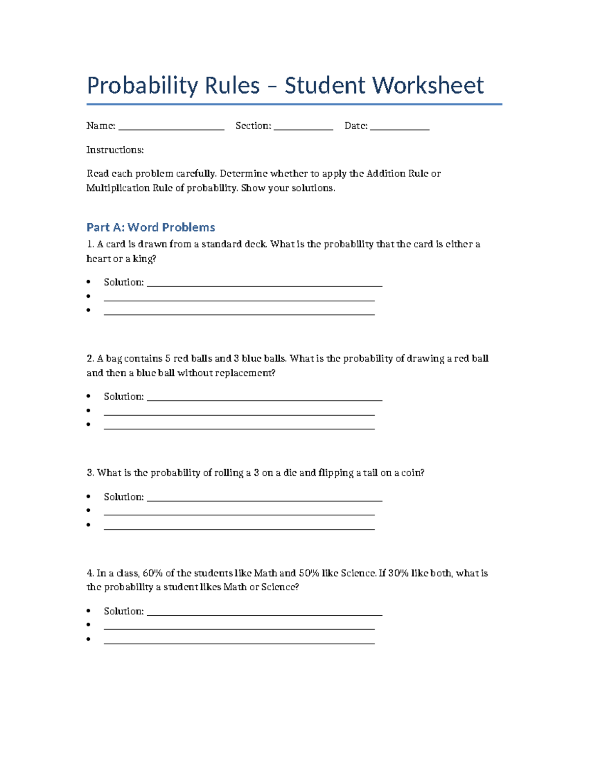 Probability Rules Student Worksheet - Probability Rules – Student ...