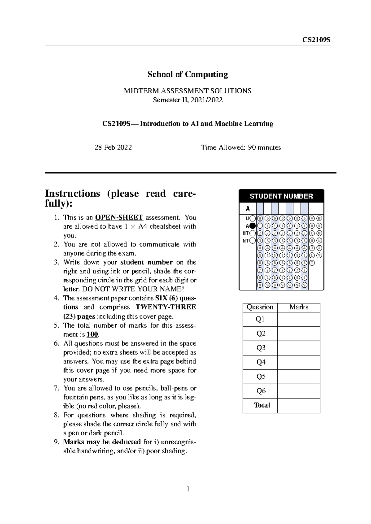 Cs2109S Midterm 2021 Solutions: AI & Machine Learning Exam - Studocu