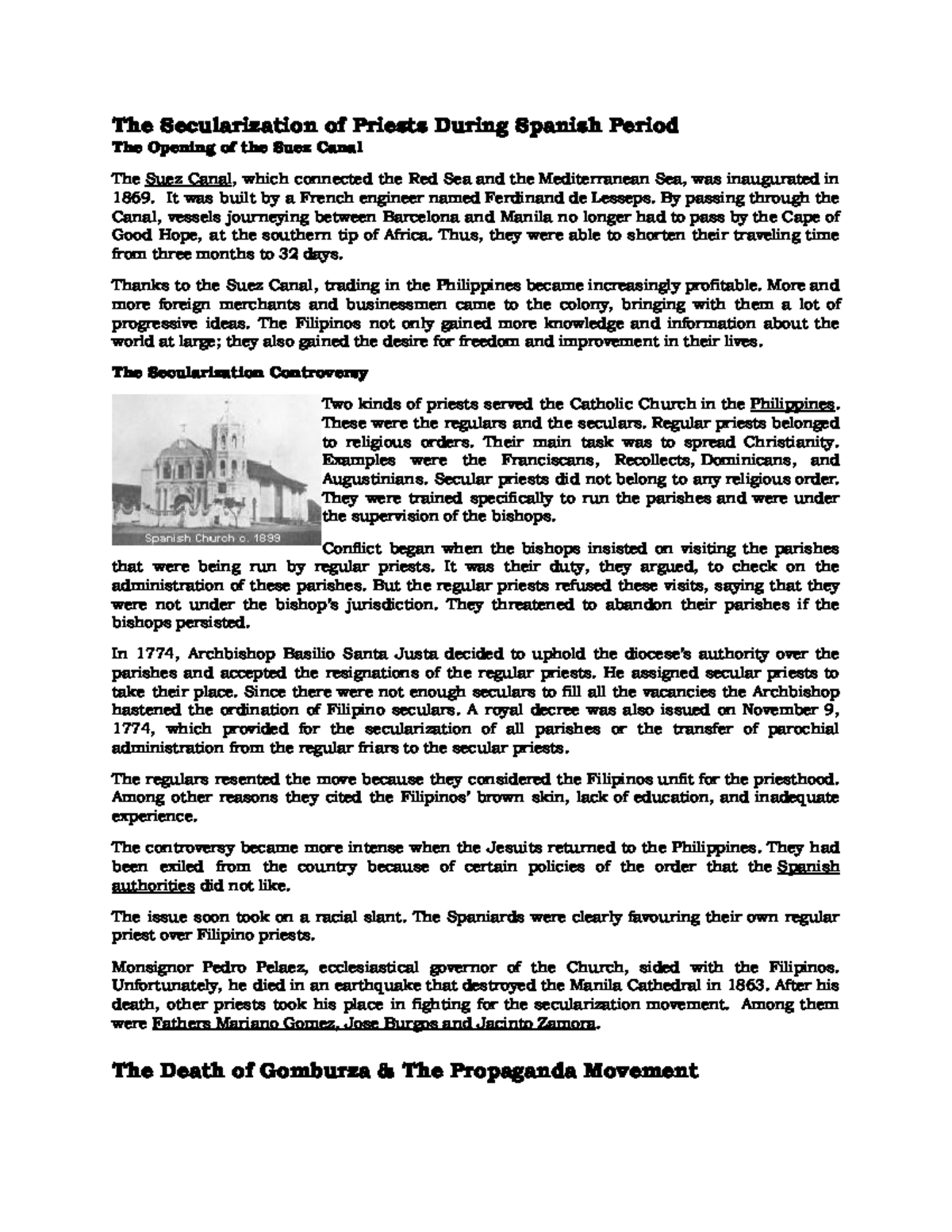 Secularization of Priests in the Spanish Era: Gomburza & Reforms - Studocu