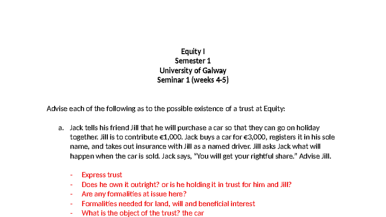 Equity I - Seminar 1: Trusts and Legal Principles Analysis - Studocu