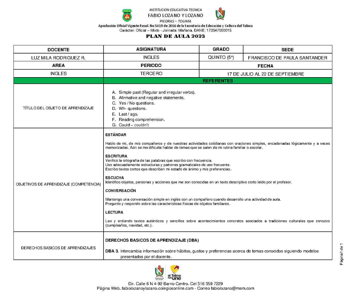 Plan de Aula para Grado 5° by LUZ MILA R. - Tercer Periodo 2023 - Studocu