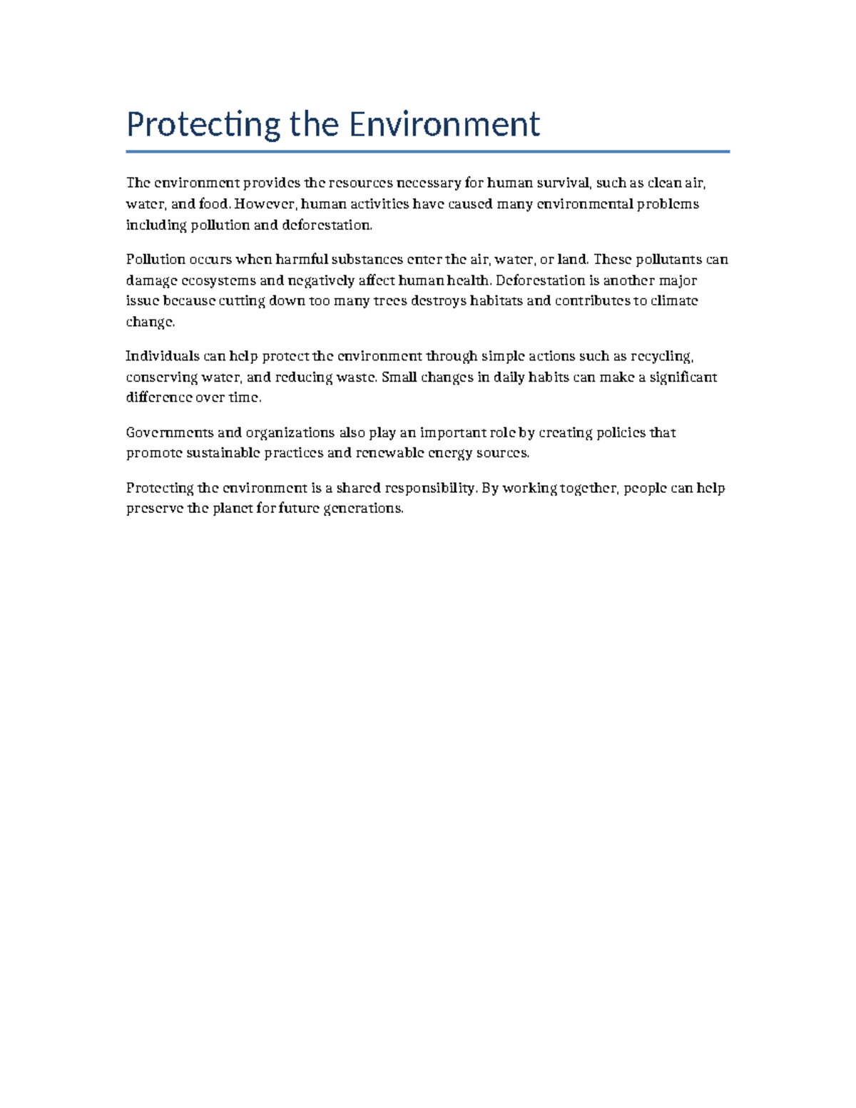 ENV 101: Essay on Protecting the Environment and Sustainability - Studocu