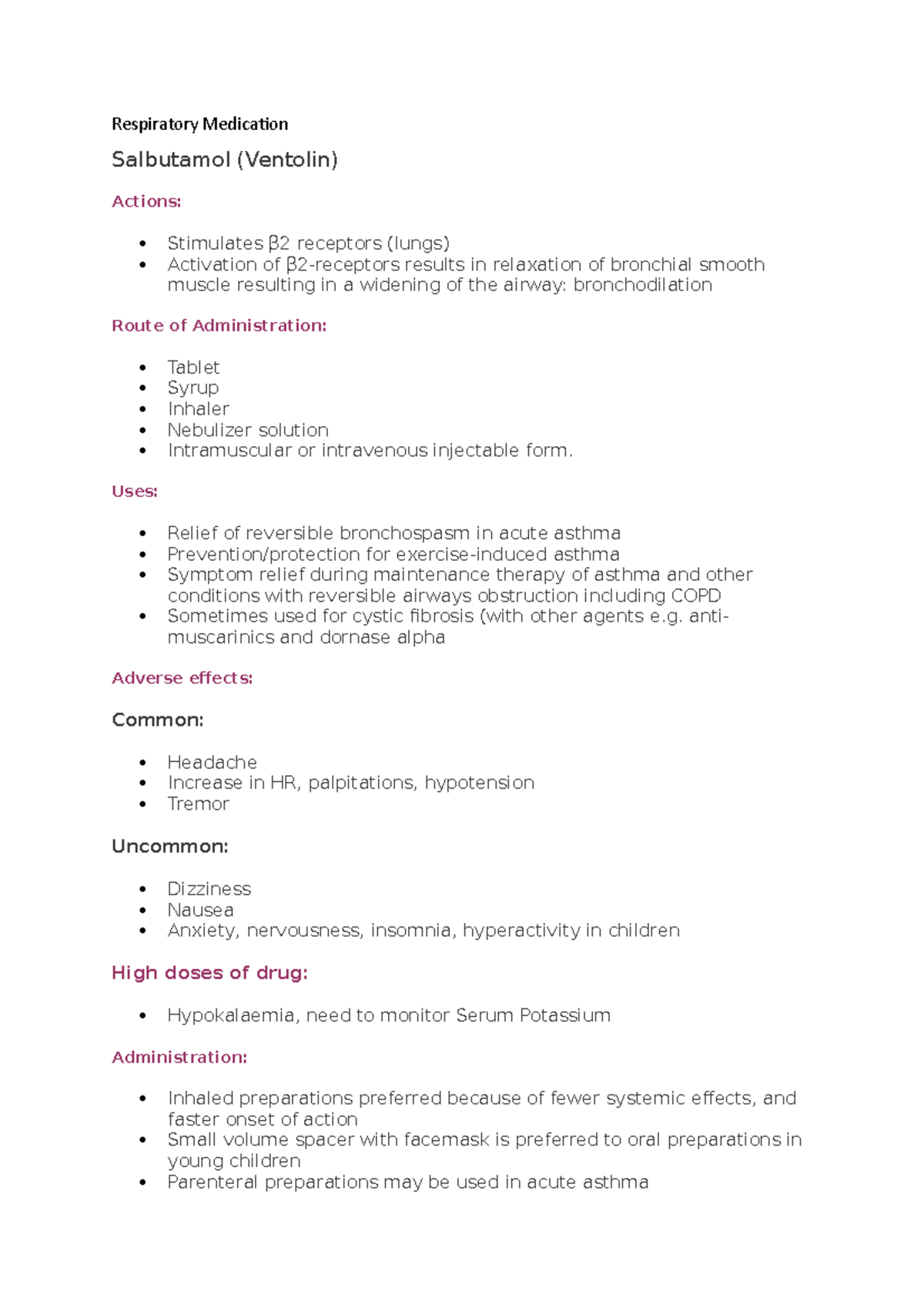 Notes nursing practise - Respiratory Medication Salbutamol (Ventolin ...
