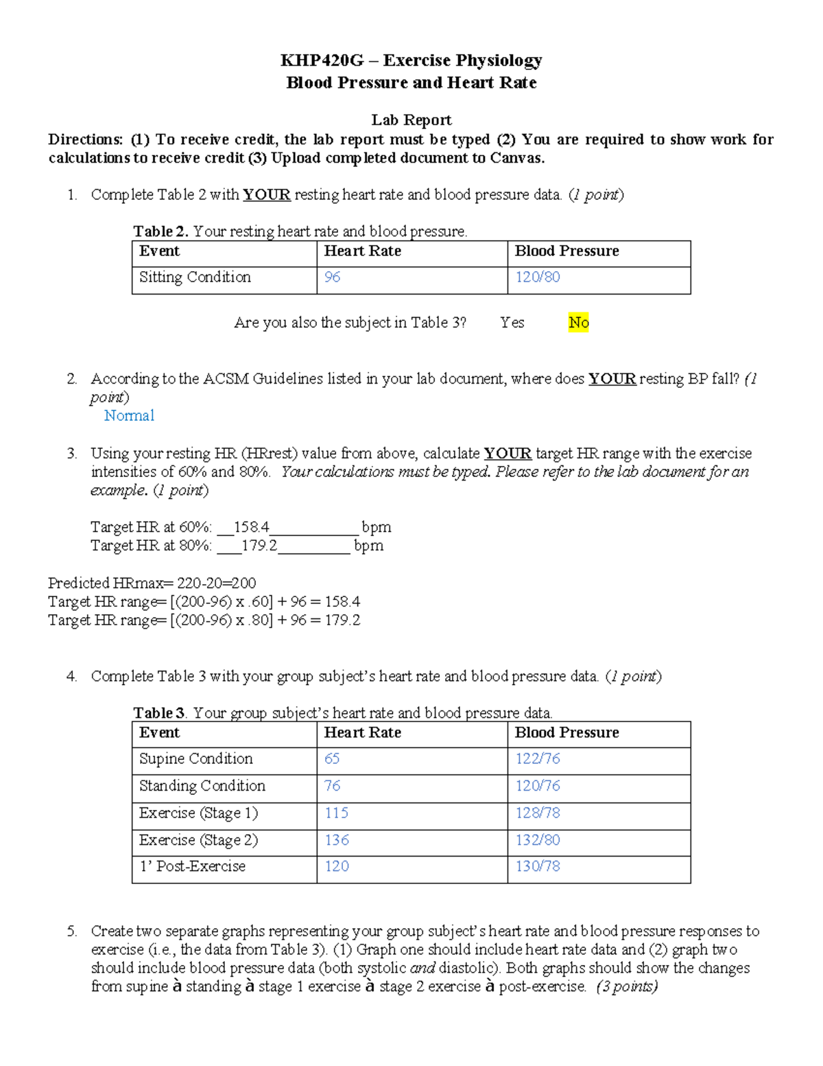 KHP420G Lab Report 2: Analyzing Heart Rate & Blood Pressure Responses ...