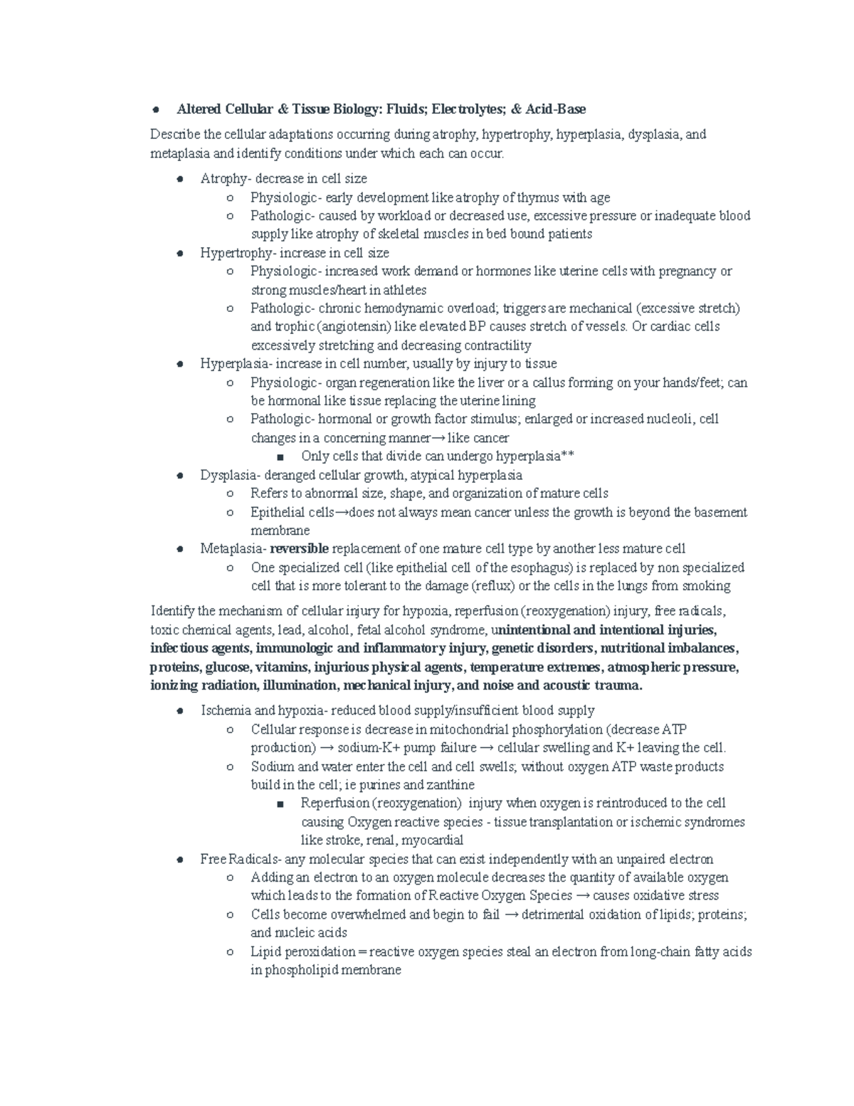 Patho Exam 1 - Altered Cellular & Tissue Biology: Fluids; Electrolytes ...