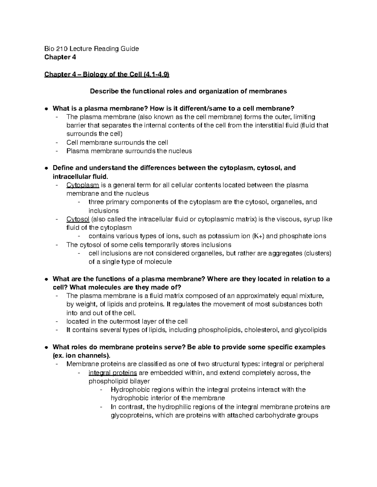 Bio 210 Final Exam Lecture Notes: Chapter 4 - Cell Biology Overview ...