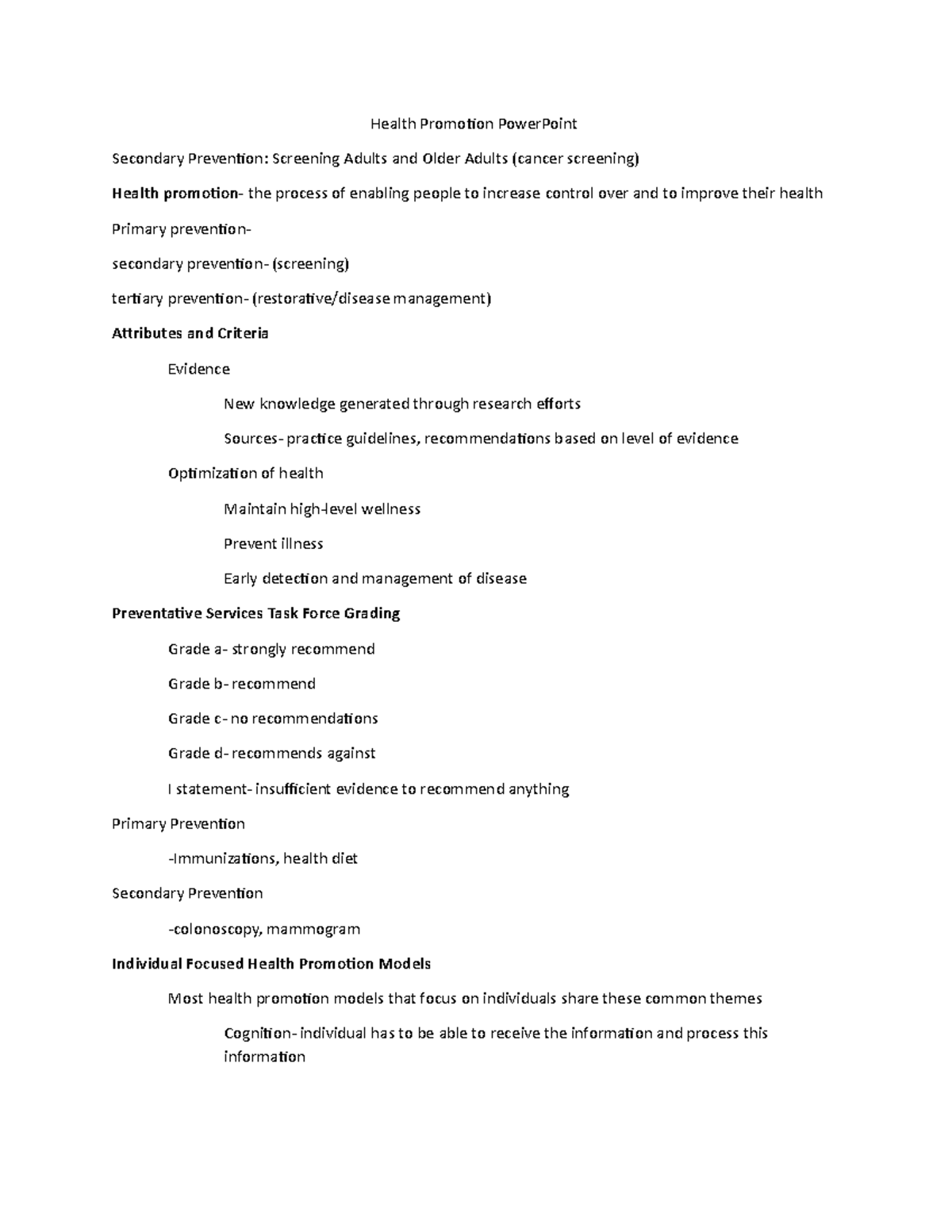 Health Promotion Strategies: Screening & Prevention Models (HLP 101 ...