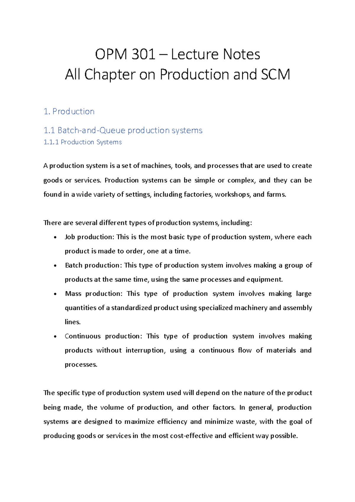 OPM 301 - Production and SCM Comprehensive Lecture Notes - Studocu