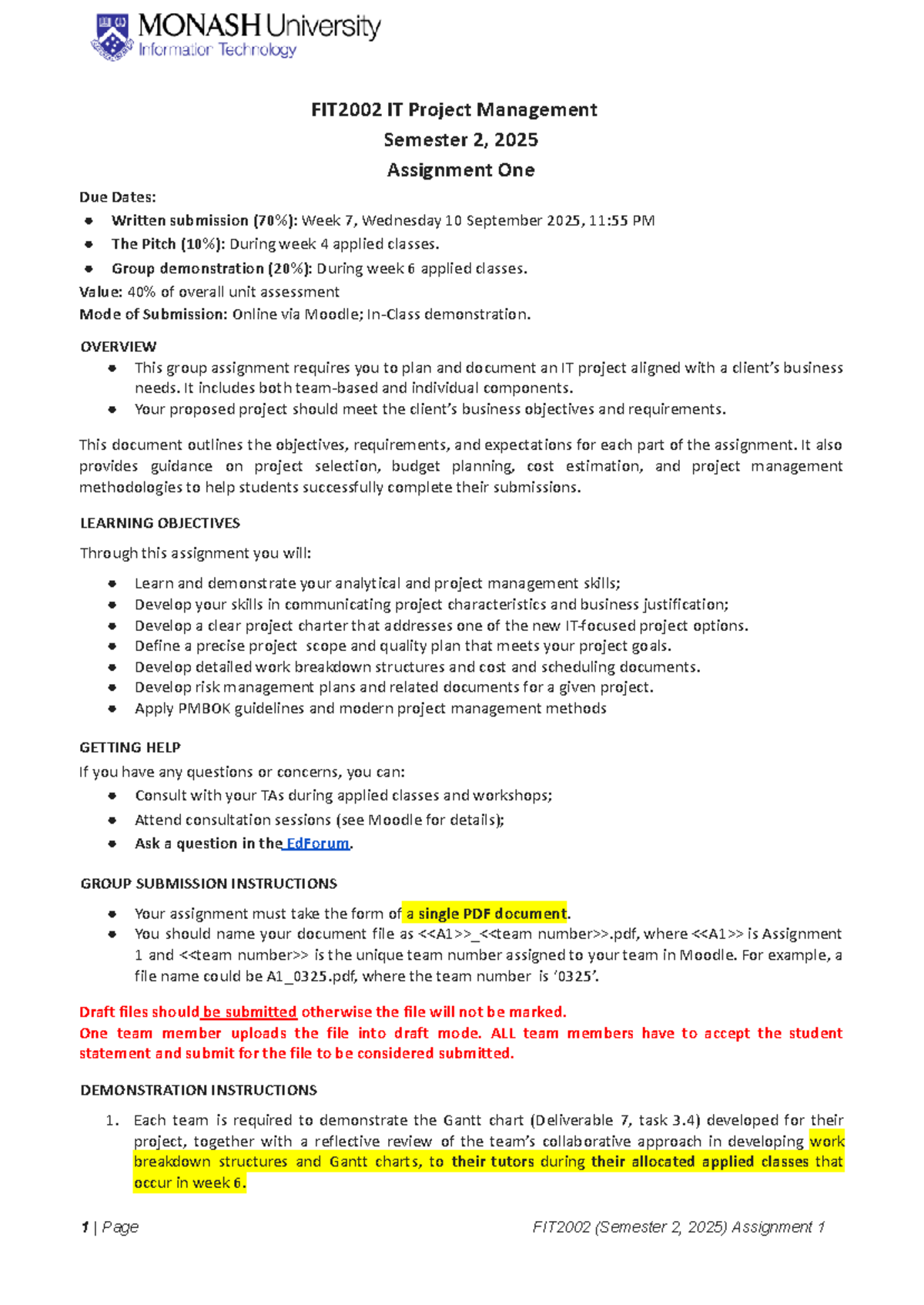 FIT2002 2025 S2 IT Project Management Assignment 1 Overview and ...