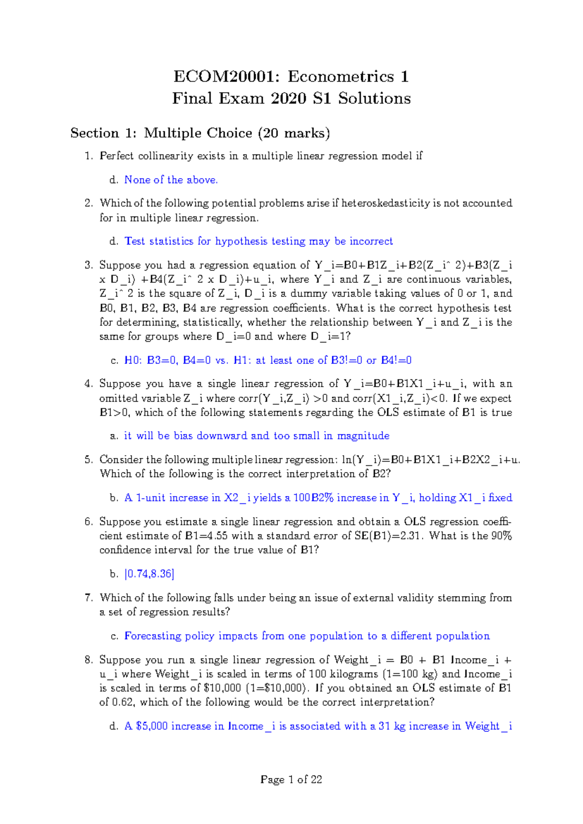 Econometrics 1 Final Exam 2020 S1 Solutions and Analysis - Studocu