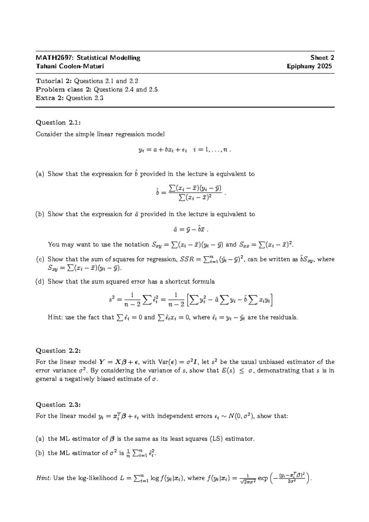 MATH2697: Statistical Modelling Tutorial 4 Problem Sheet 4 Analysis ...