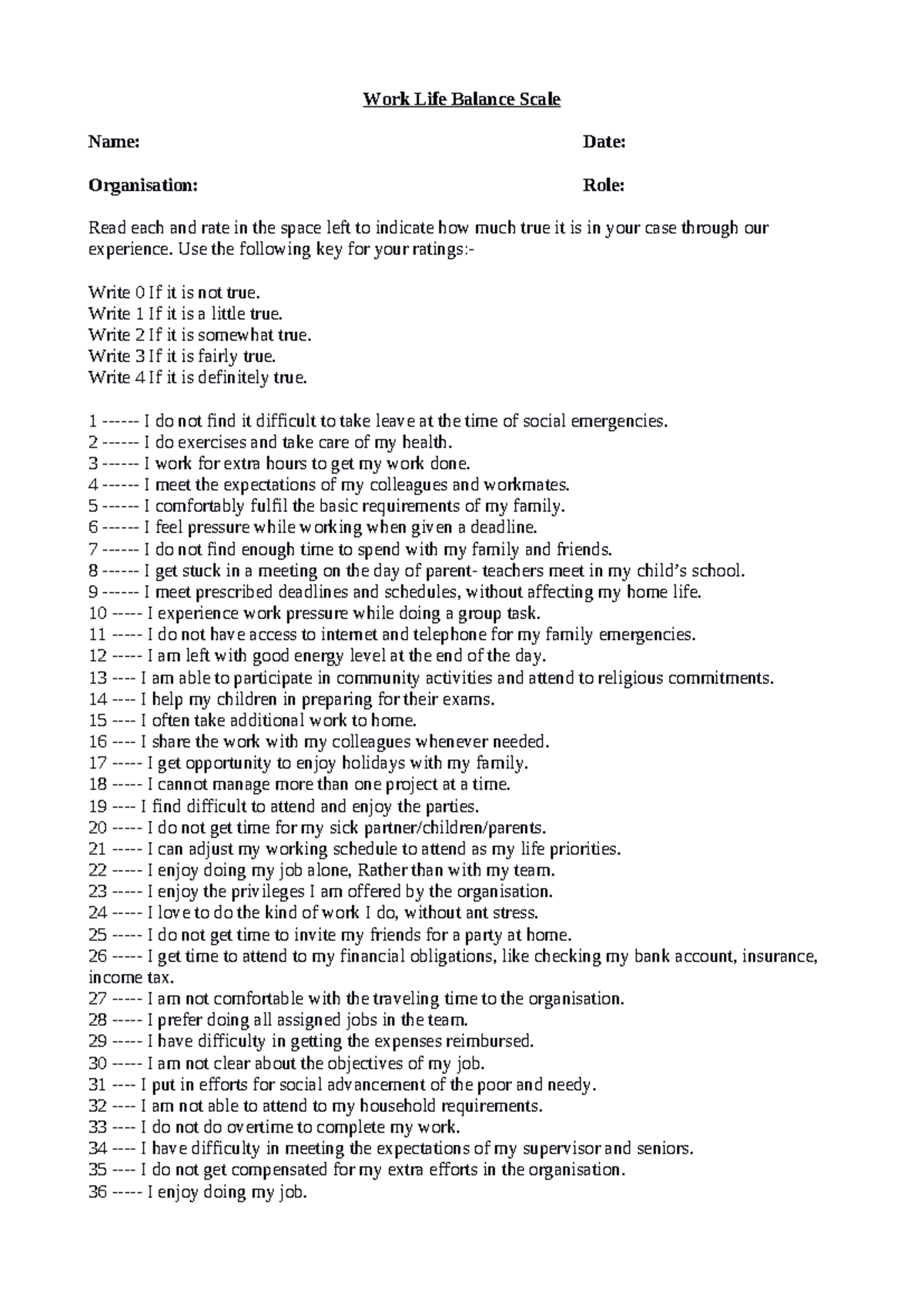 Work Life Balance Scale Assessment Tool - Studocu