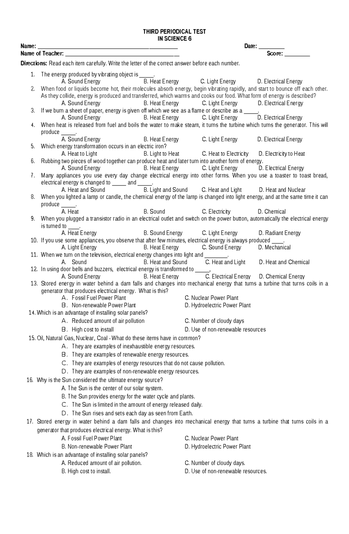 THIRD PERIODICAL TEST IN SCIENCE 6 - Q3 Assessment - Studocu