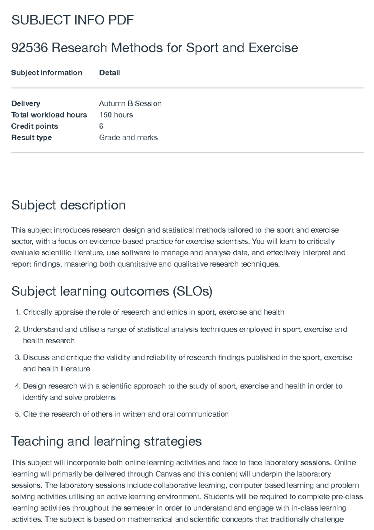 Research Methods for Sport and Exercise (PDF 92536) - Subject Overview ...