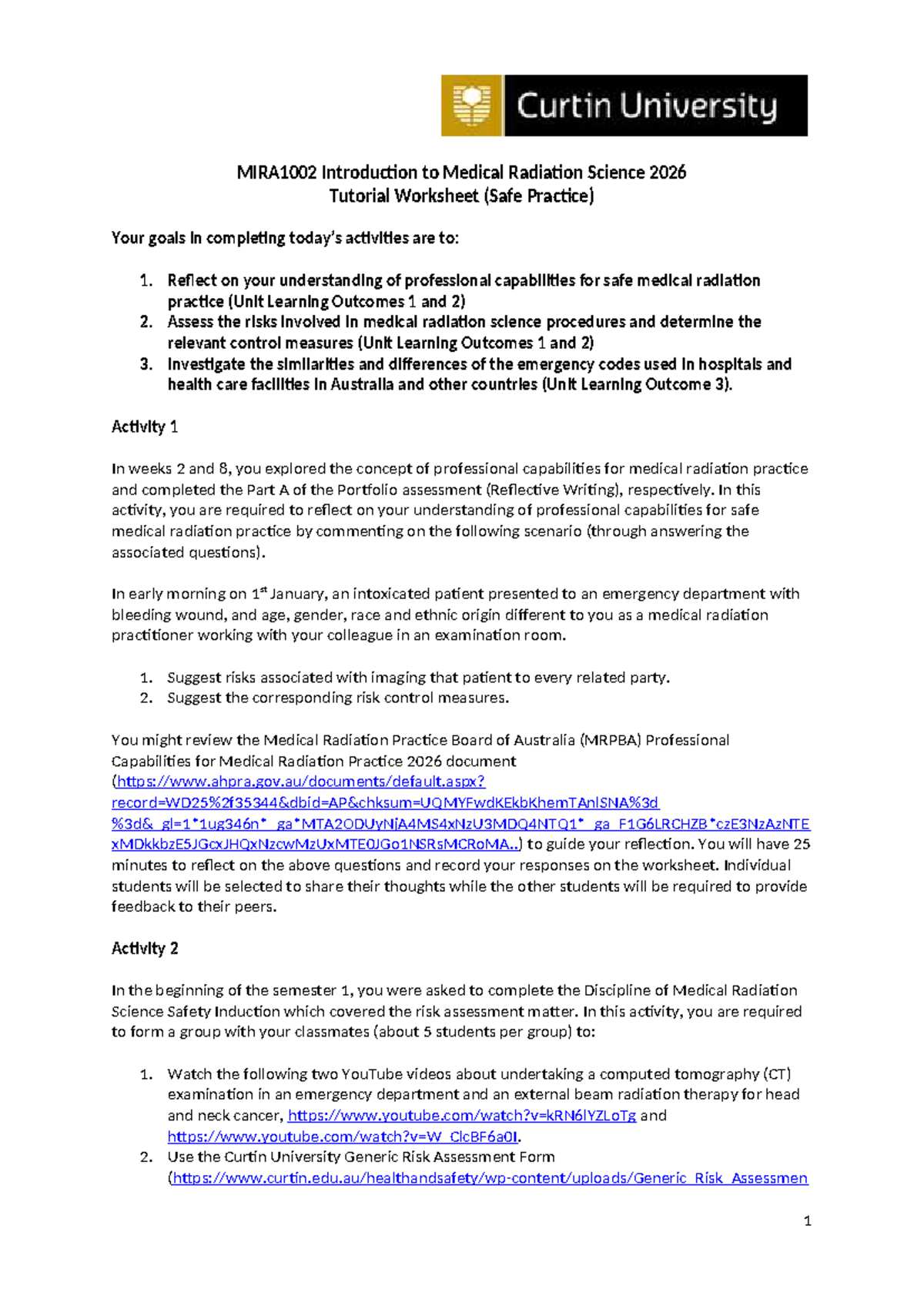 MIRA1002 Introduction to Medical Radiation Science Safe Practice ...