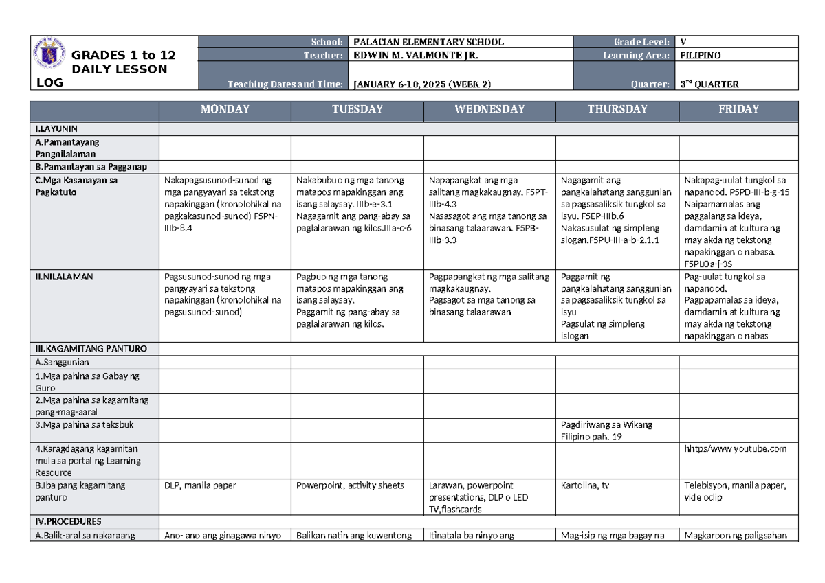 Daily Log Lesson Plan for Filipino 5 Q3 W2 Activities - Studocu