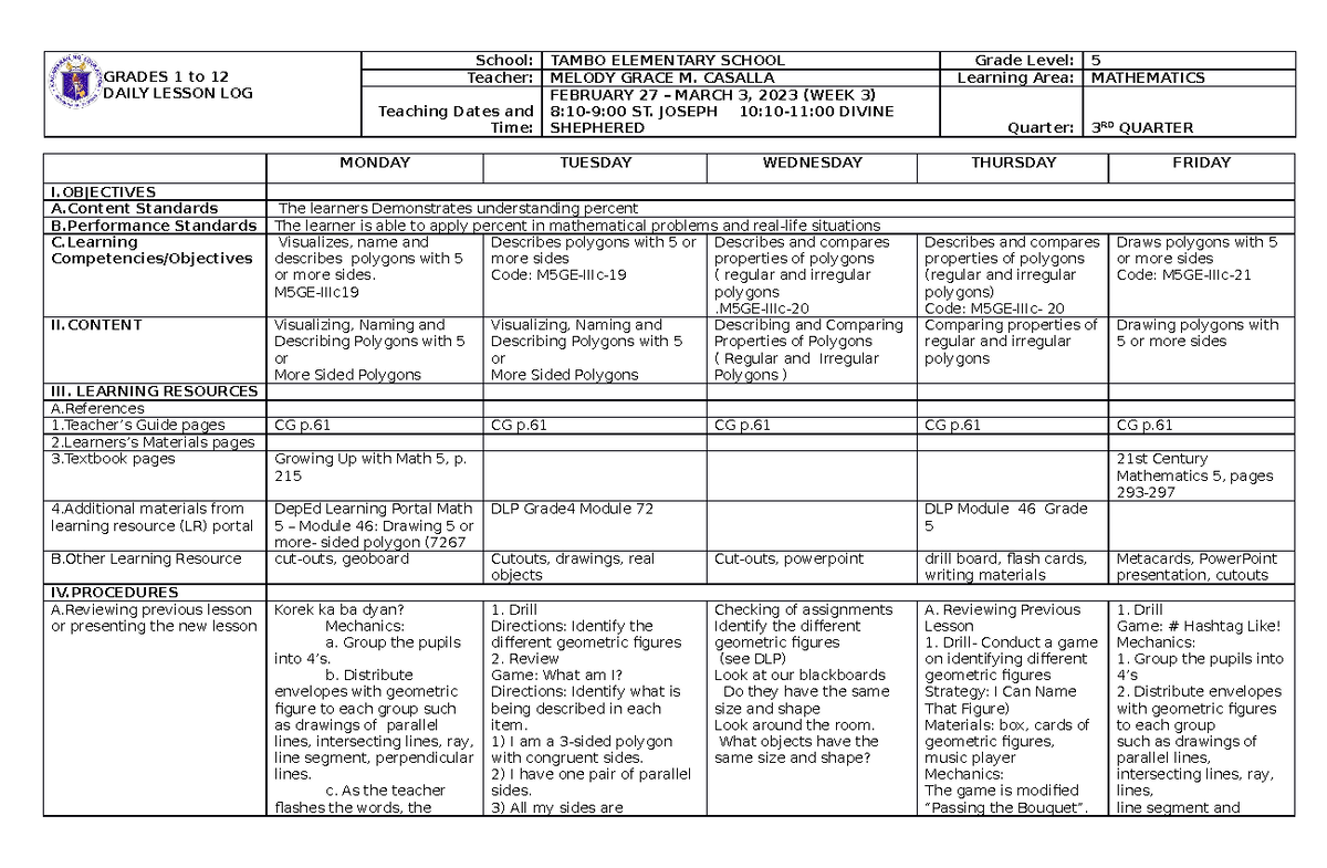 Q3 Math 5 W3 Daily Lesson Log on Polygons - Studocu