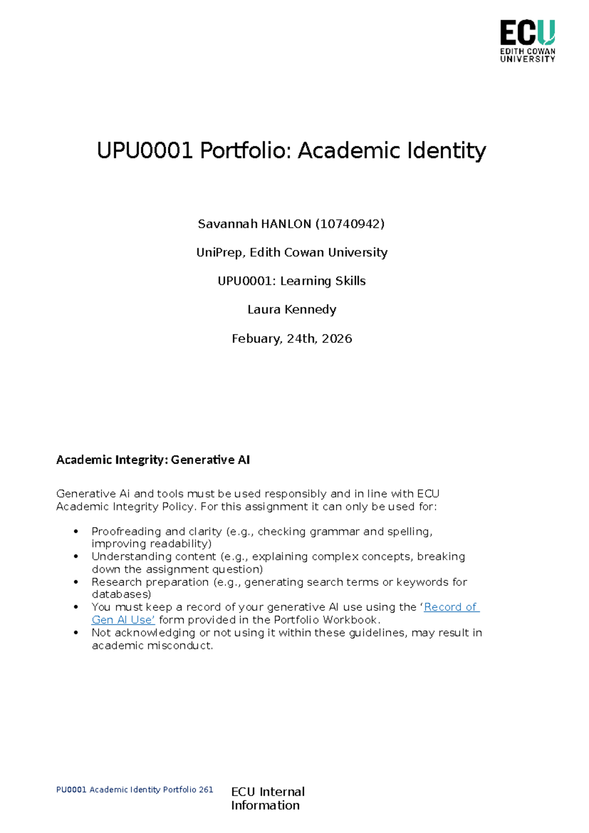 261 UPU0001 Academic Identity Portfolio: Generative AI & Integrity ...