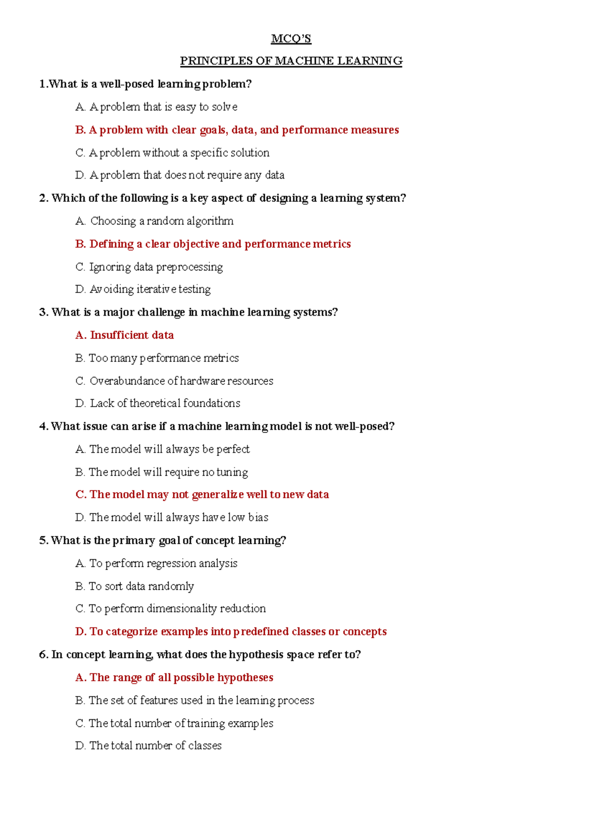 MID-I-MCQS - Principles of Machine Learning Exam Questions - Studocu