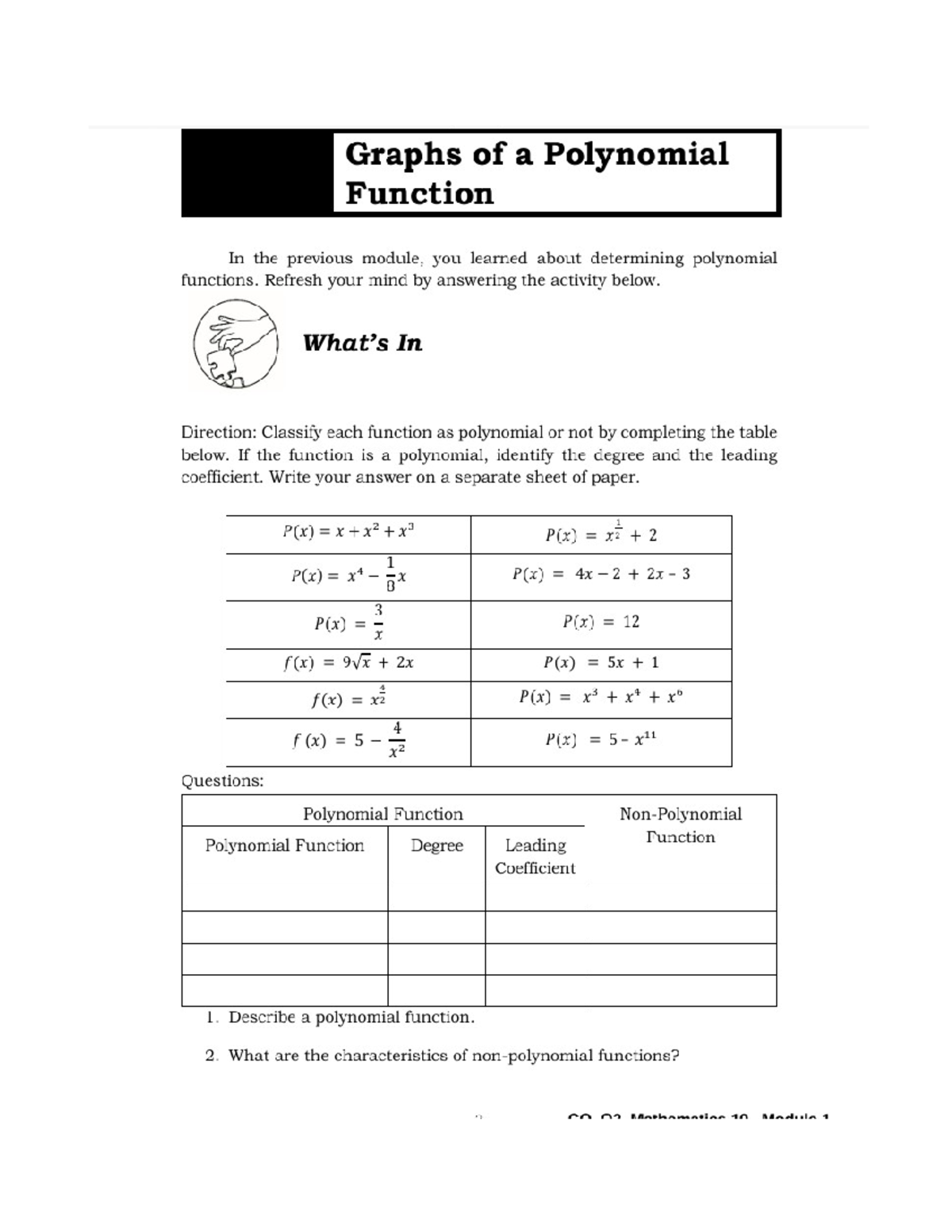 Graphs of a Polynomial Function - Refresh your mind answering the ...