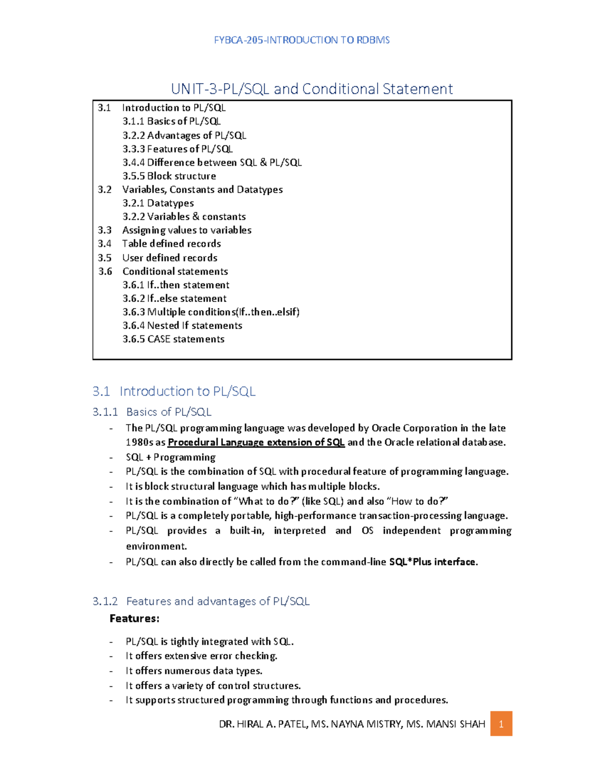 PL/SQL Conditional Statements and Basics - BCA Unit 3 - Studocu
