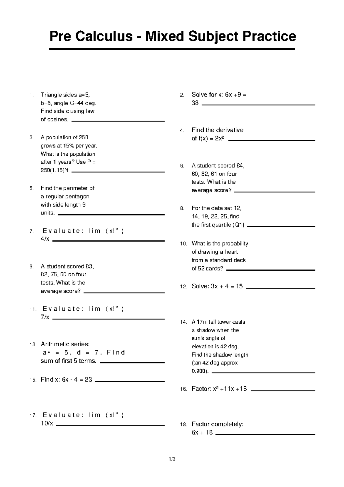 Pre Calculus (MATH101) - Mixed Subject Practice 7 - Studocu
