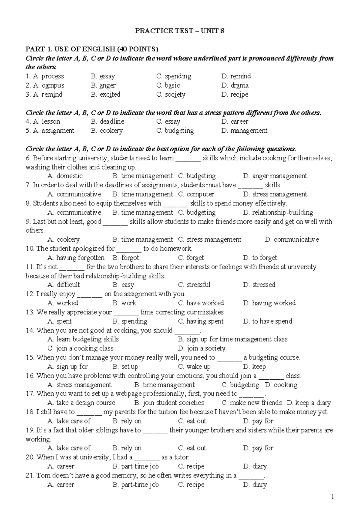 PRACTICE TEST UNIT 8 PART 1: USE OF ENGLISH (40 POINTS) - Studocu