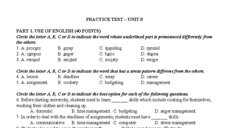 PRACTICE TEST UNIT 8 PART 1: USE OF ENGLISH (40 POINTS) - Studocu