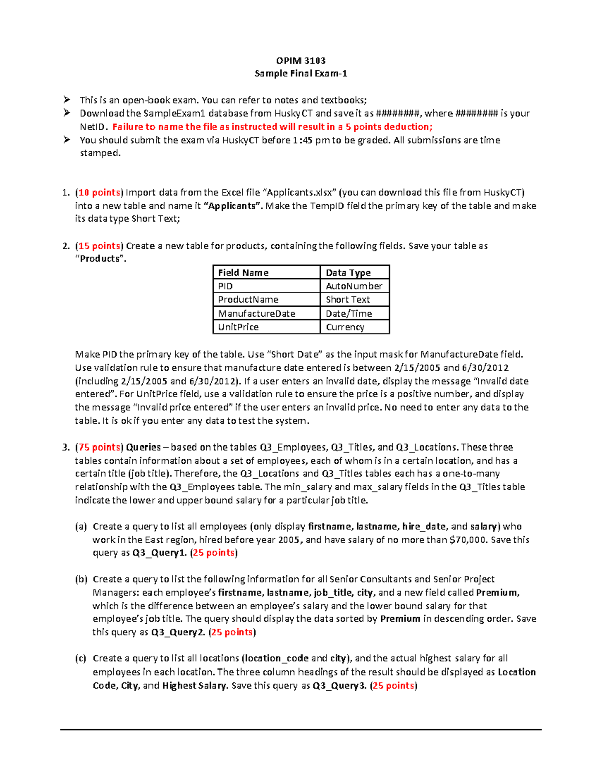 OPIM 3103 - Sample Final Exam 1: Practice with Database Queries - Studocu
