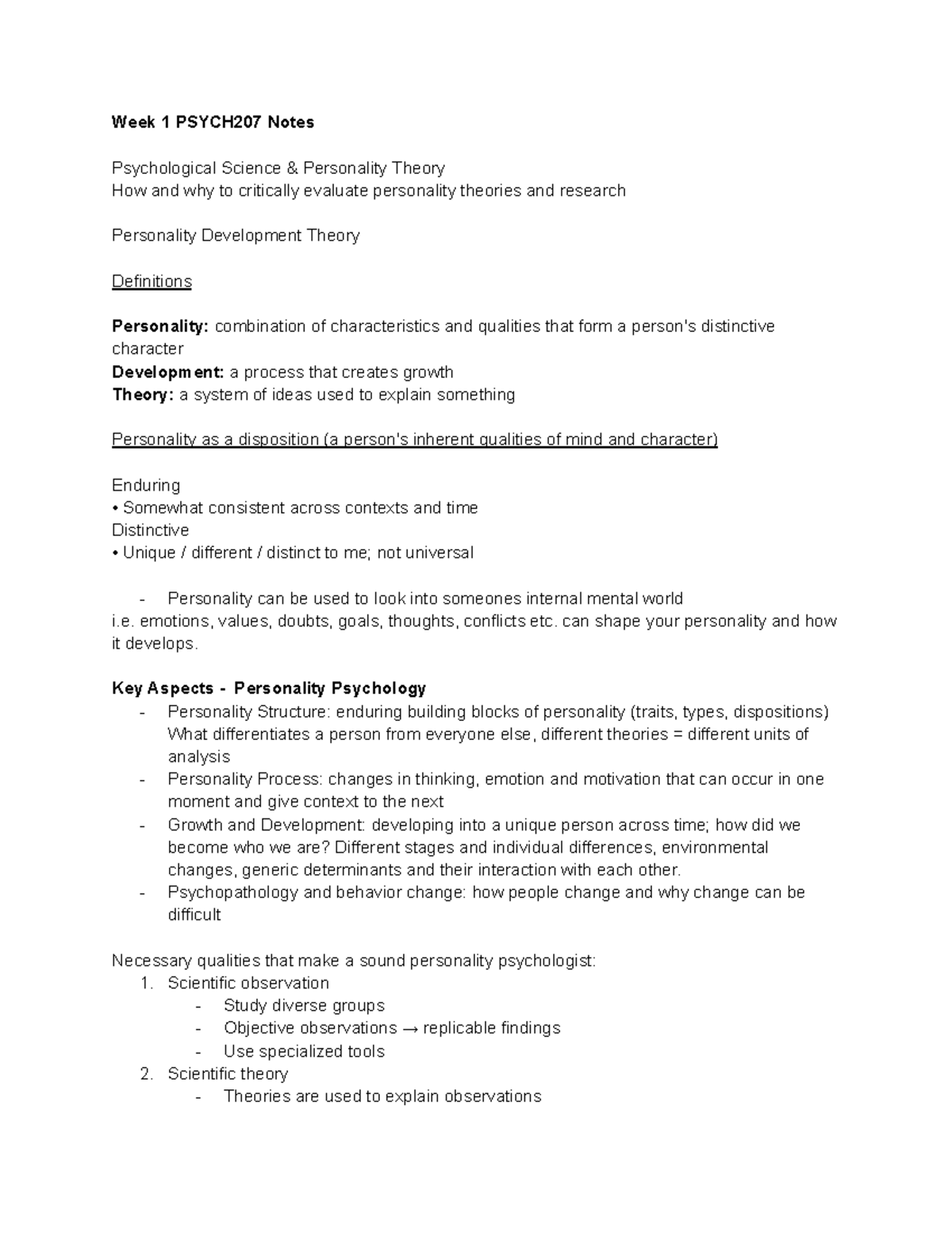 Week 1 PSYCH207 Lecture Notes: Personality Theory & Development - Studocu