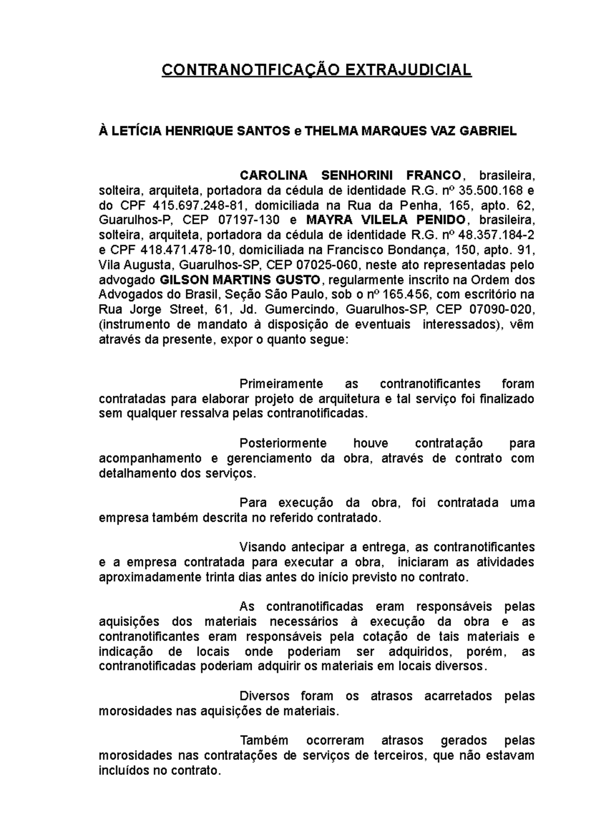 Contranotiffonsecaaircross - CONTRANOTIFICAÇÃO EXTRAJUDICIAL À LETÍCIA  HENRIQUE SANTOS e THELMA - Studocu