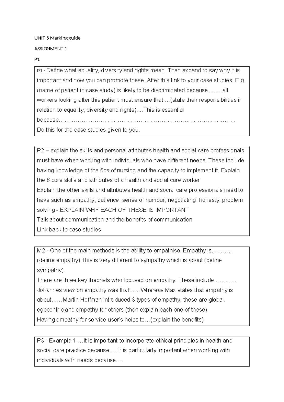 UNIT 5 Marking Guide - Meeting Individual Care & Support Needs Outline ...